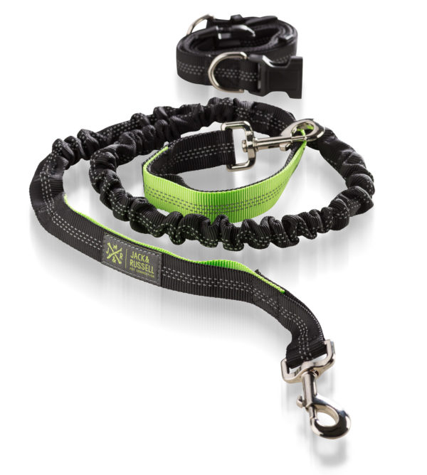 Hunde Joggingleine mit Hüftgurt, elastisch 1,5m-2,0m (Schwarz/Neongrün)