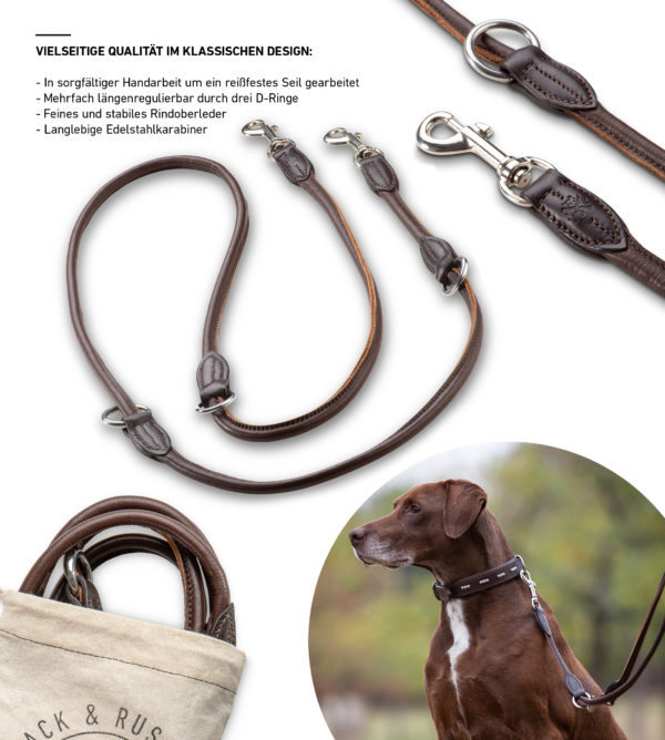 Echtleder-Führleine „Dora“ – volle Flexibilität im klassisch edlem Jack & Russell Design (Braun)