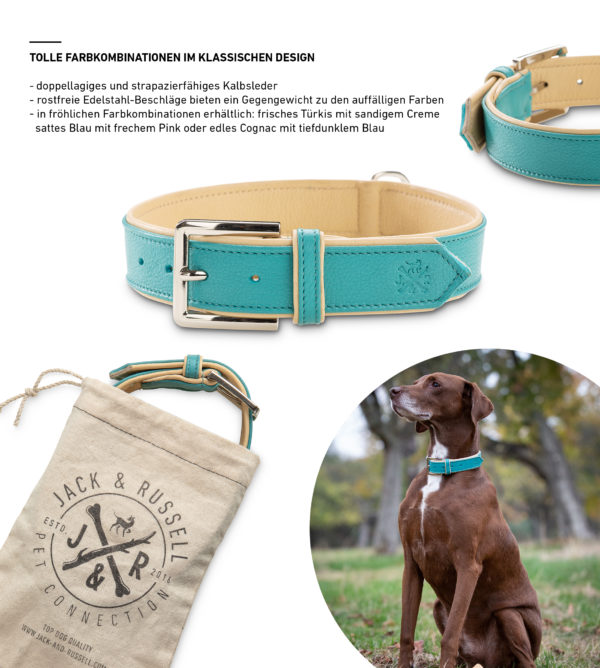 Jack & Russell Premium Leather Dog Collar “Lilly” (Turquoise/Beige) - Image 3