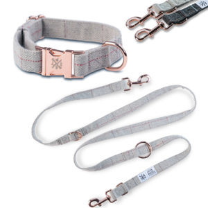 Tweed Set Dog Leash 2.0m + Collar with Rose Gold Carabiner Light Grey