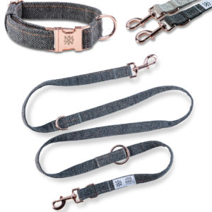 Tweed Set Hundeleine 2,0m + Halsband mit roségoldenen Karabiner Dunkelgrau