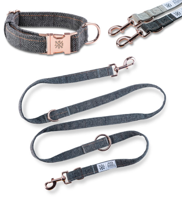 Tweed Set Hundeleine 2,0m + Halsband mit roségoldenen Karabiner Dunkelgrau